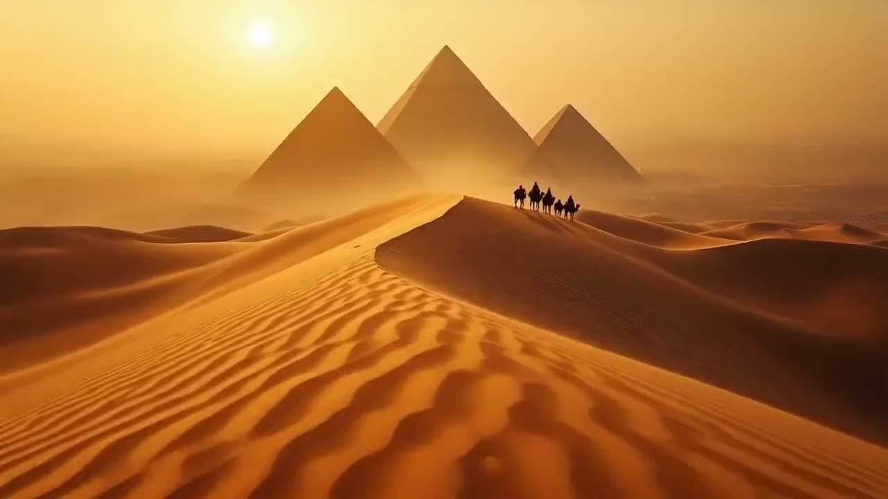 The Pyramids of Giza at dawn with a camel caravan on the dune crest