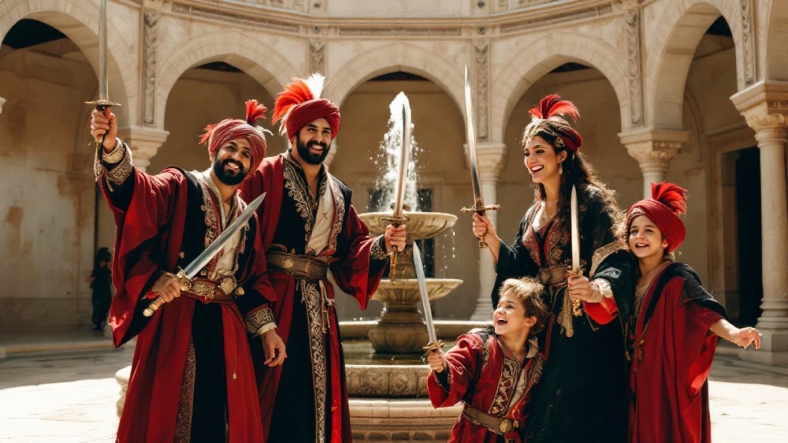 A family dressed up in traditional Ottoman costumes