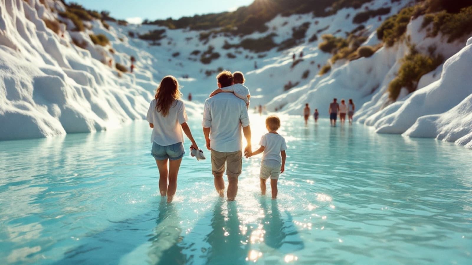 A family wading the white terraces at Pamukkale