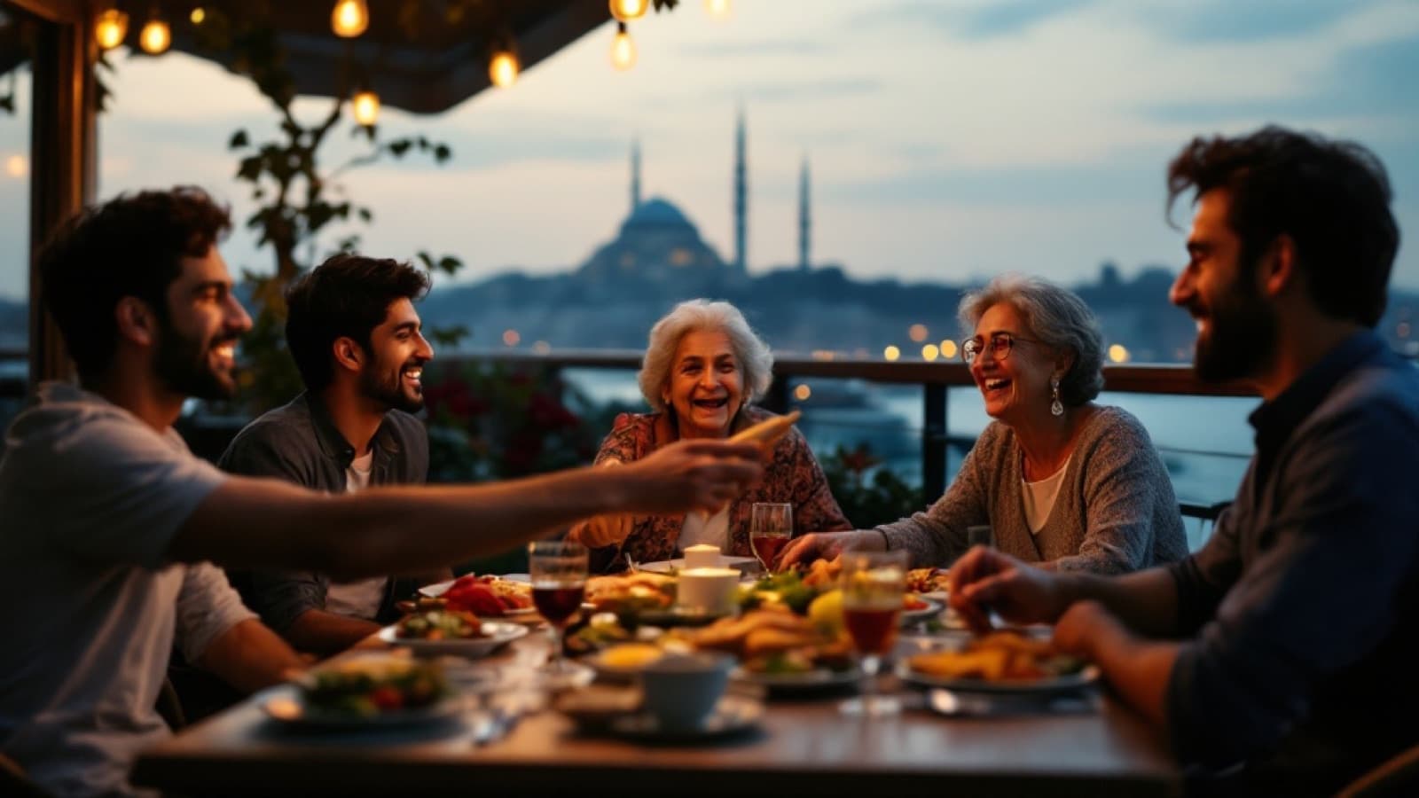 A family sharing a rooftop dinner in Istanbul at dusk